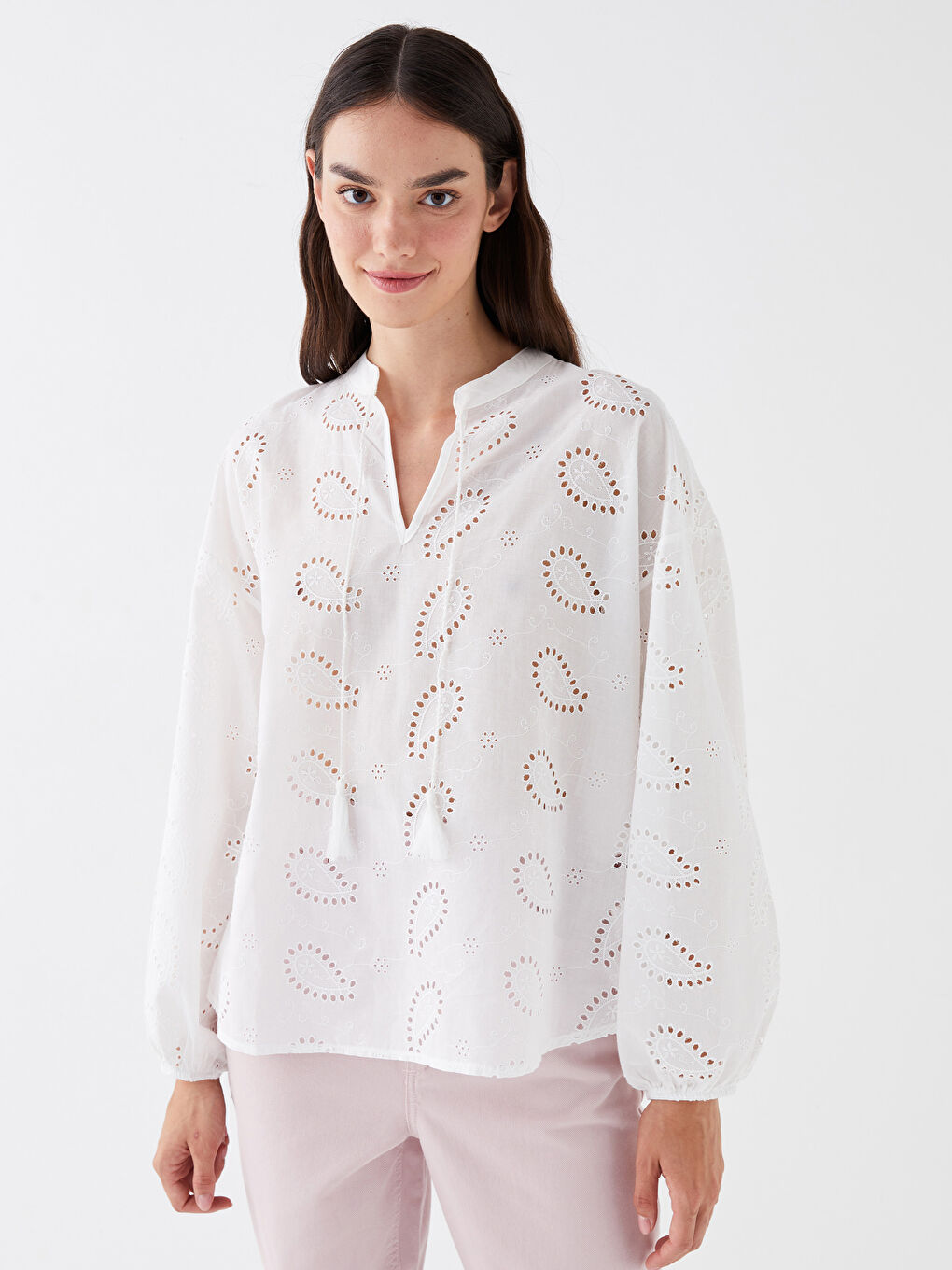 LCW Vision Tie Collar Self Patterned Long Sleeve Oversize Women's Blouse -S3HN28Z8-R9J