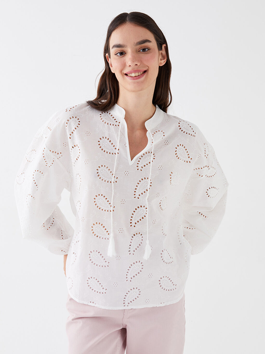 LCW Vision Tie Collar Self Patterned Long Sleeve Oversize Women's Blouse -S3HN28Z8-R9J
