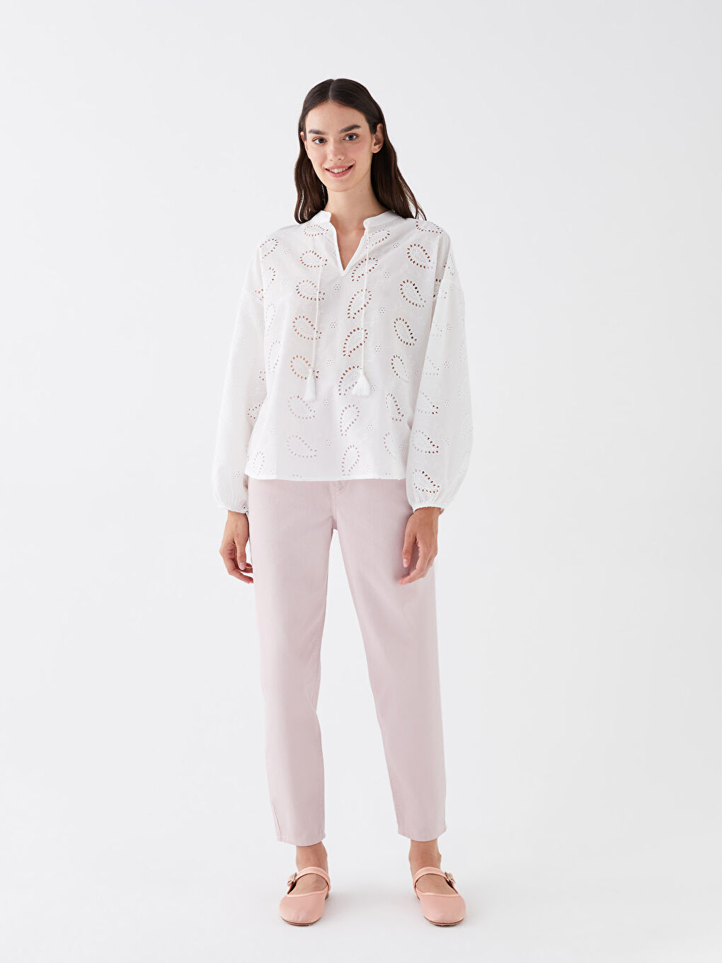 LCW Vision Tie Collar Self Patterned Long Sleeve Oversize Women's Blouse -S3HN28Z8-R9J