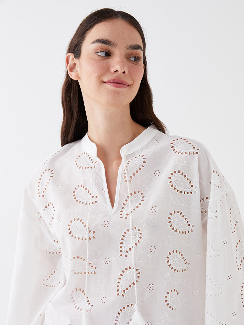 LCW Vision Tie Collar Self Patterned Long Sleeve Oversize Women's Blouse -S3HN28Z8-R9J