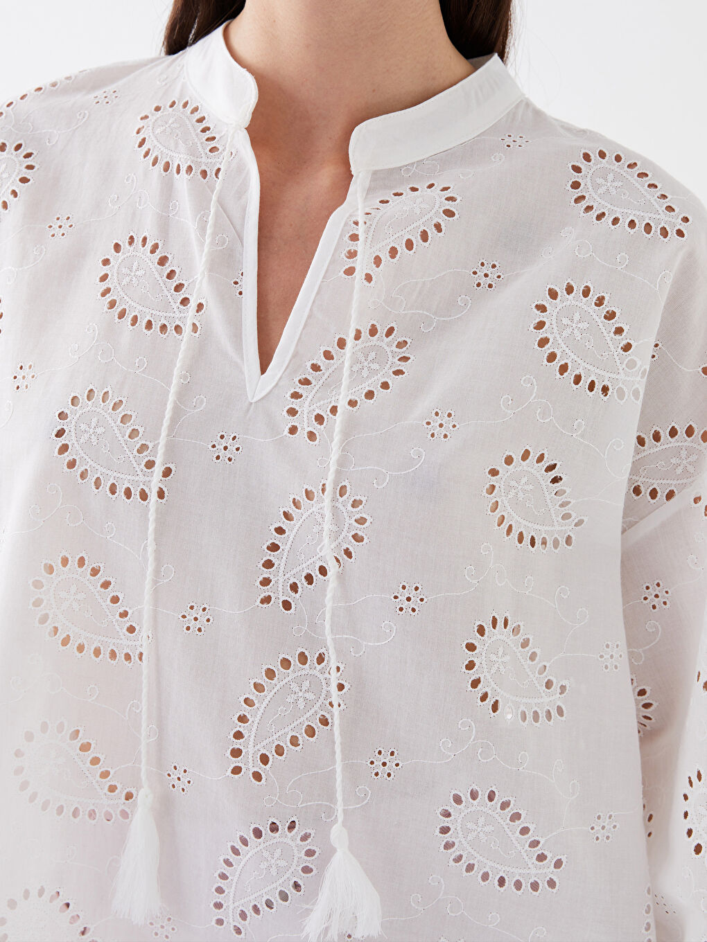LCW Vision Tie Collar Self Patterned Long Sleeve Oversize Women's Blouse -S3HN28Z8-R9J