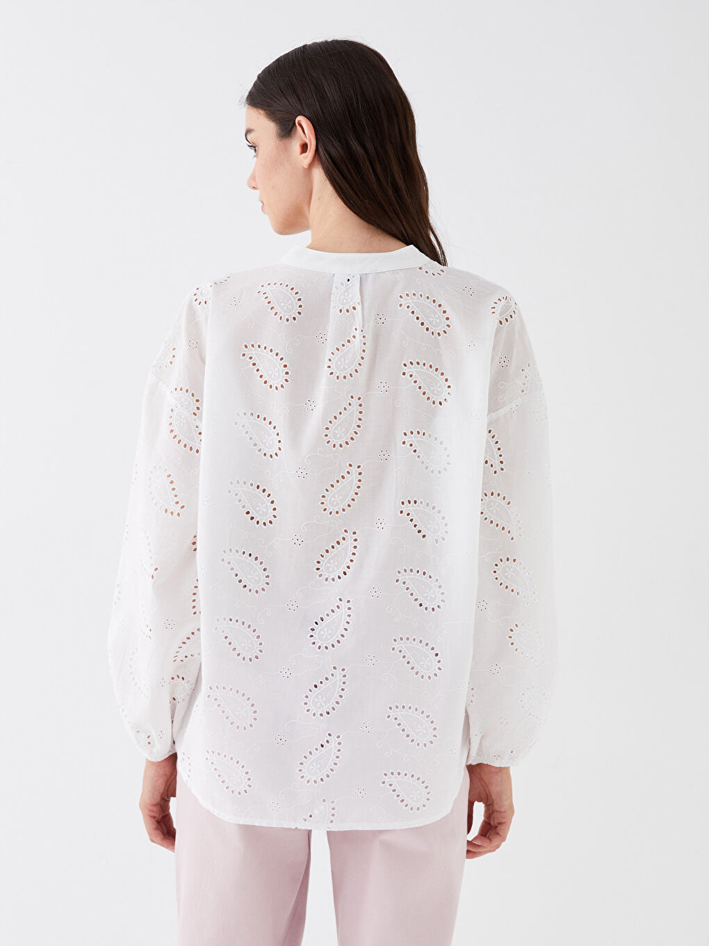 LCW Vision Tie Collar Self Patterned Long Sleeve Oversize Women's Blouse -S3HN28Z8-R9J