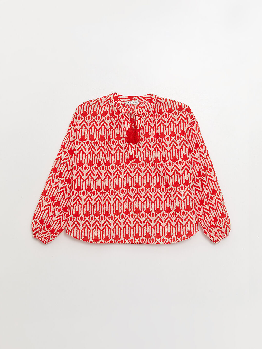 Әйелдерге арналған байламалы жаға өрнексіз ұзын жең оверсайз блузка-5