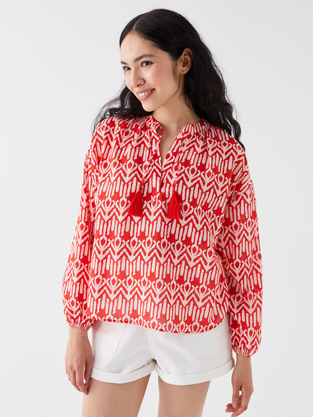 Әйелдерге арналған байламалы жаға өрнексіз ұзын жең оверсайз блузка