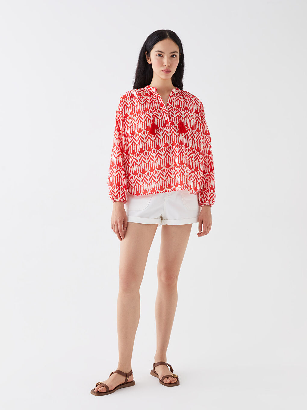 Әйелдерге арналған байламалы жаға өрнексіз ұзын жең оверсайз блузка-1