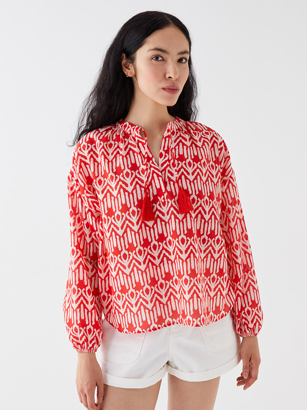 Әйелдерге арналған байламалы жаға өрнексіз ұзын жең оверсайз блузка-2