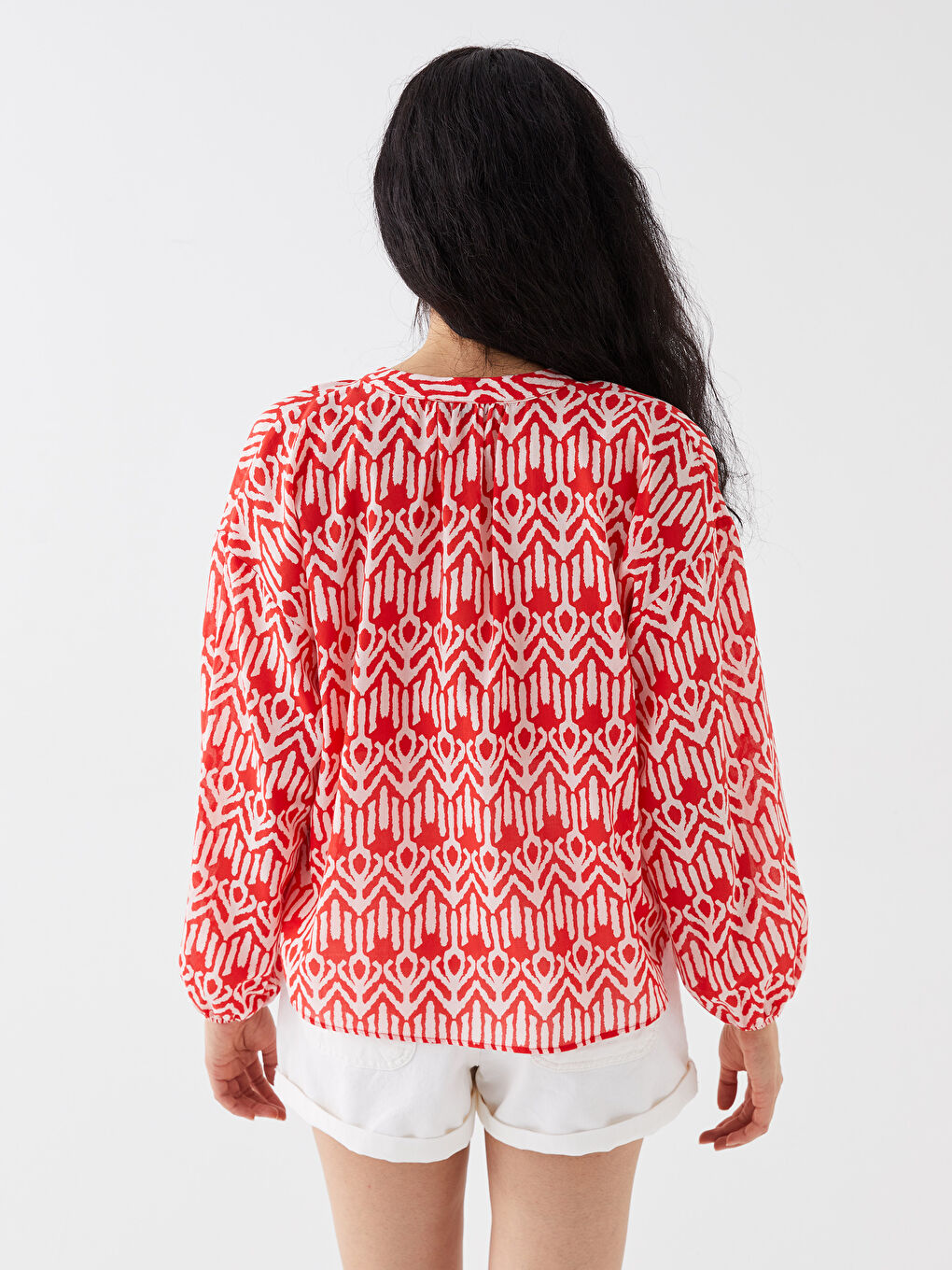 Әйелдерге арналған байламалы жаға өрнексіз ұзын жең оверсайз блузка-4