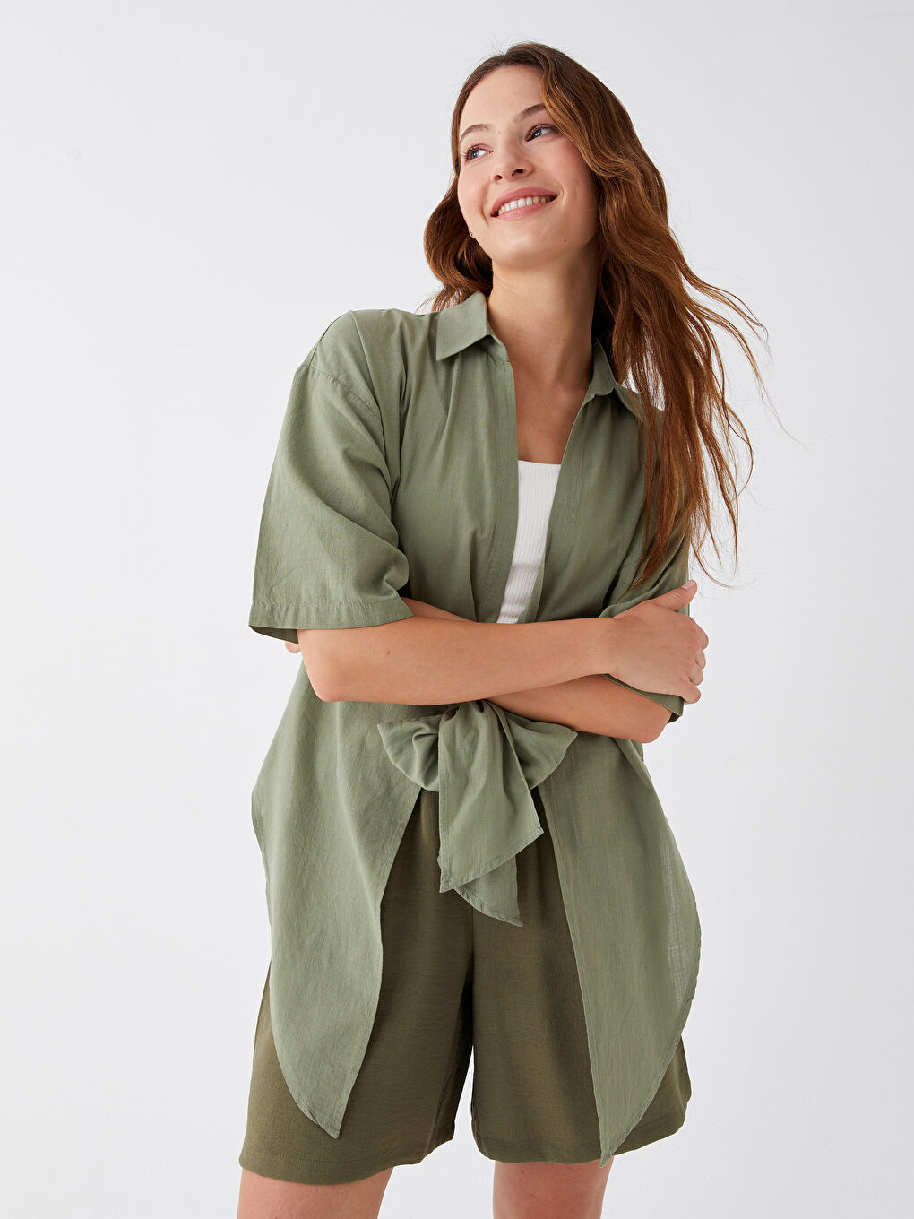 Collared Neck Plain Short Sleeve Oversize Women's Blouse