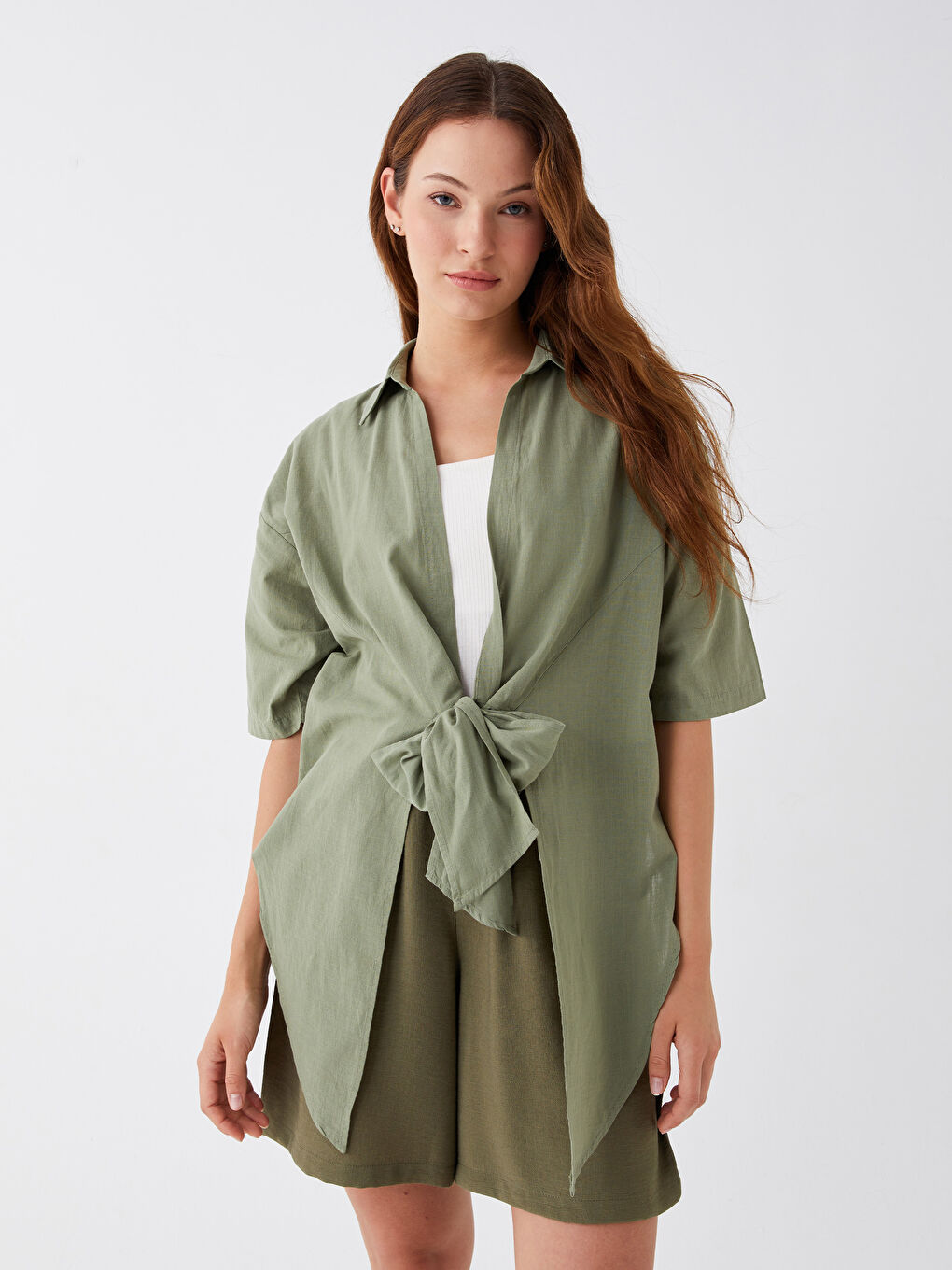 Collared Neck Plain Short Sleeve Oversize Women's Blouse-1