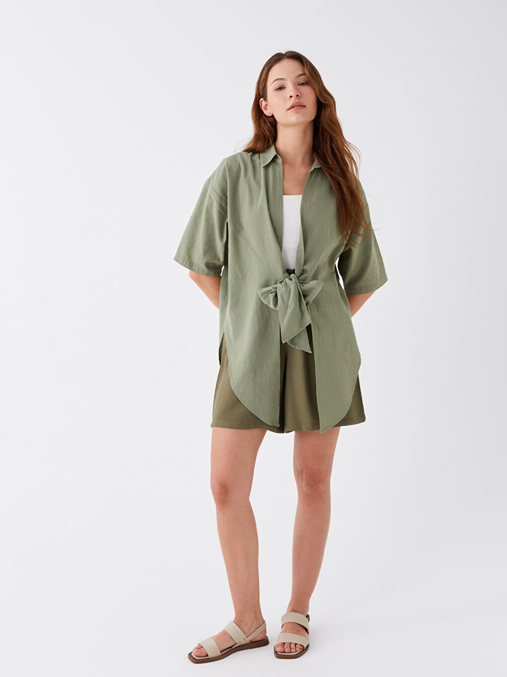 Collared Neck Plain Short Sleeve Oversize Women's Blouse-2