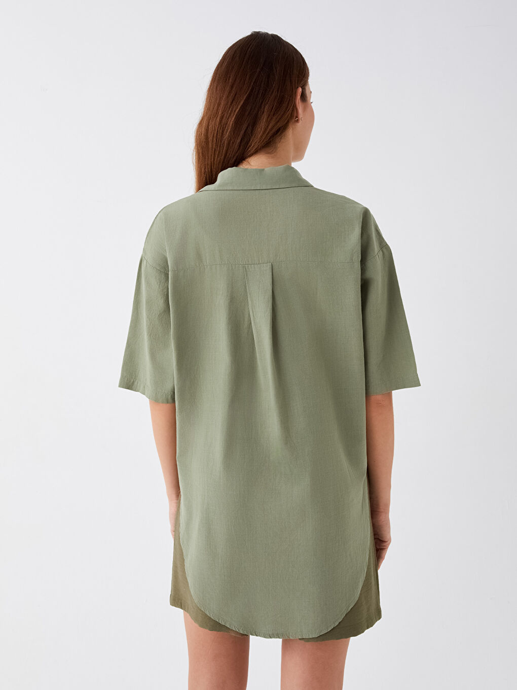 Collared Neck Plain Short Sleeve Oversize Women's Blouse-4