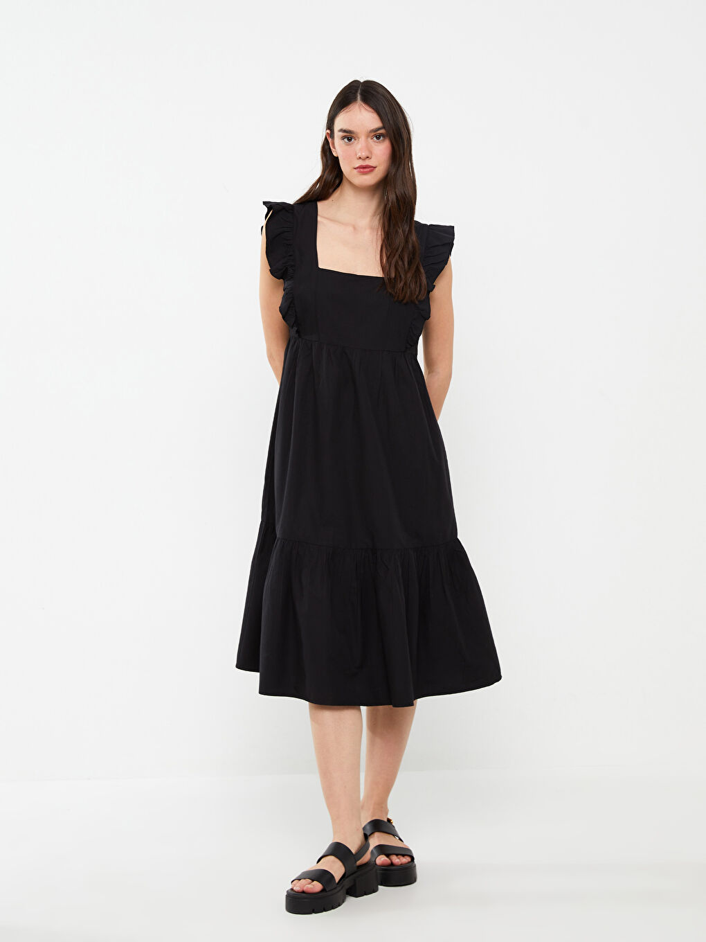 Square Neck Straight Short Sleeve Poplin Women Dress