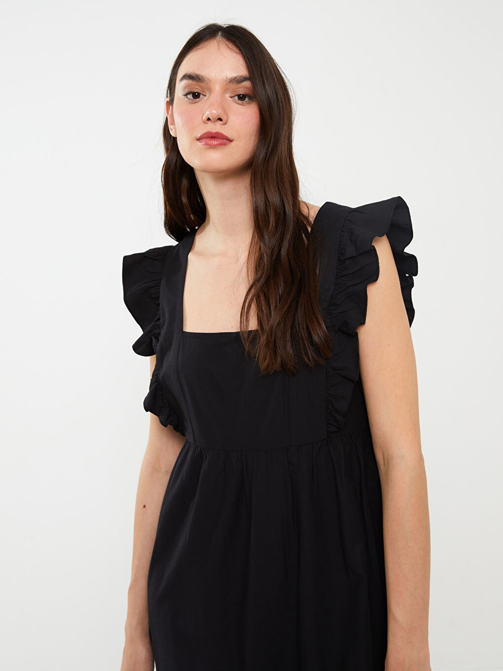 Square Neck Straight Short Sleeve Poplin Women Dress-1