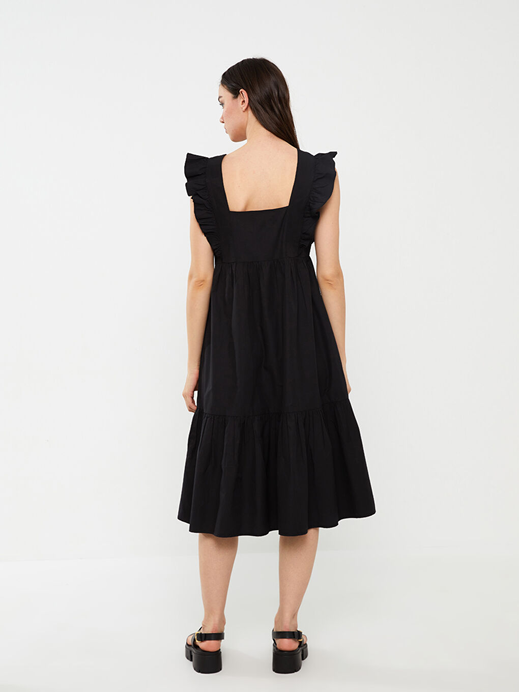 Square Neck Straight Short Sleeve Poplin Women Dress-3