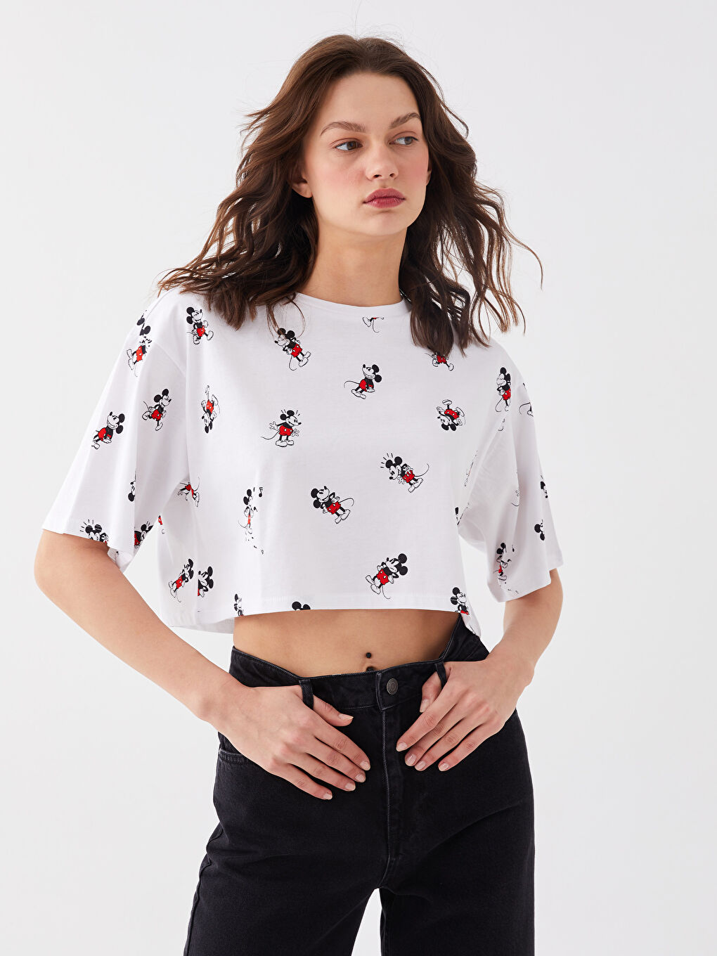 Crew Neck Mickey Mouse Printed Short Sleeve Women's Crop Top