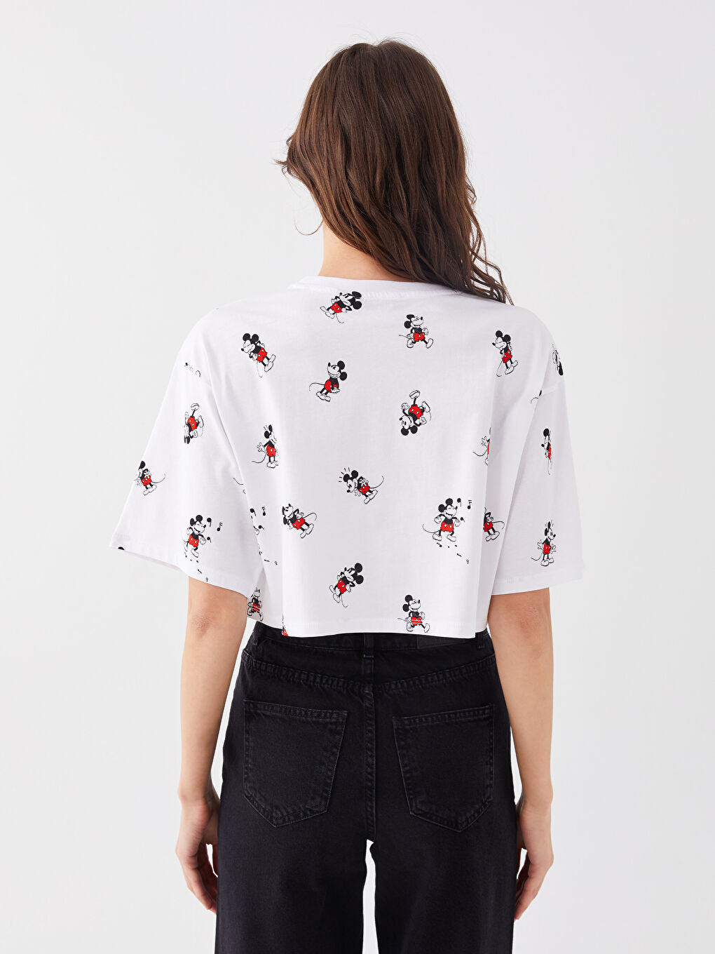 Crew Neck Mickey Mouse Printed Short Sleeve Women's Crop Top-4