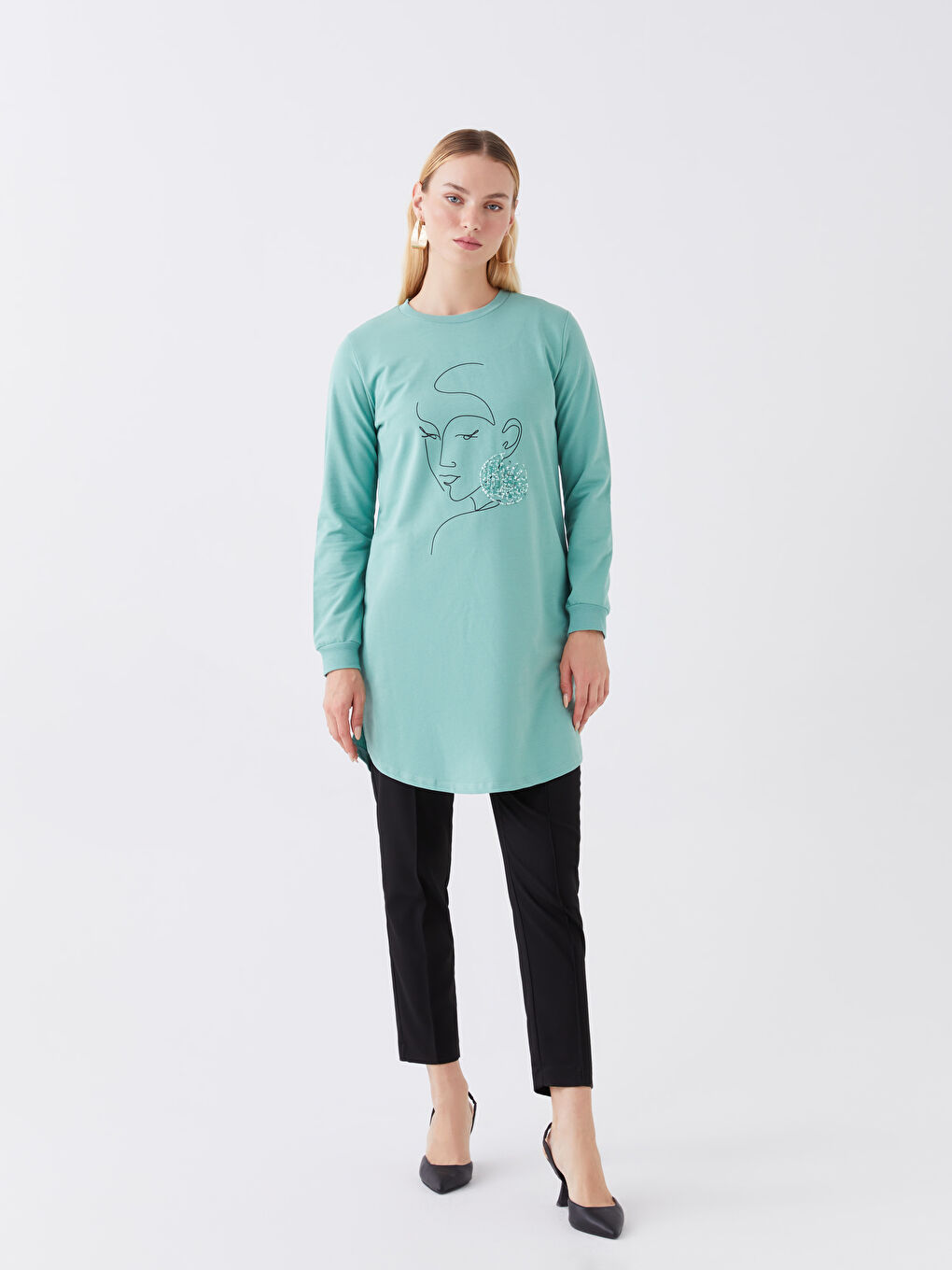Crew Neck Printed Long Sleeve Women's Tunic