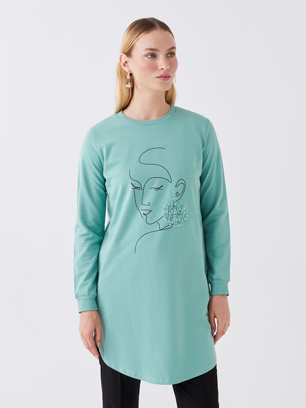 Crew Neck Printed Long Sleeve Women's Tunic-1