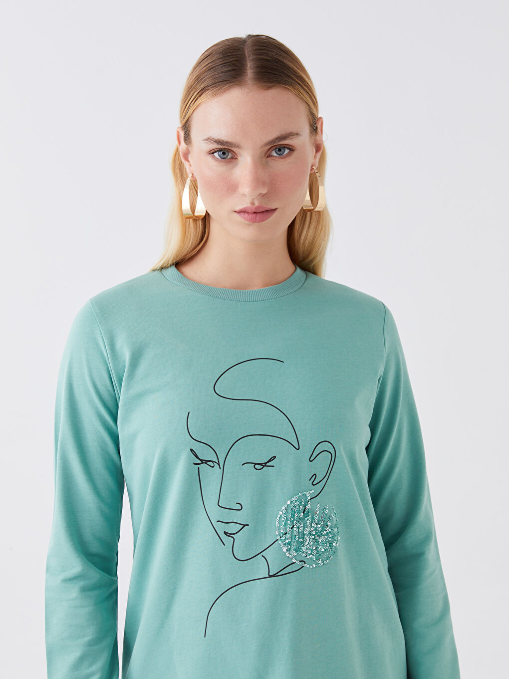 Crew Neck Printed Long Sleeve Women's Tunic-2