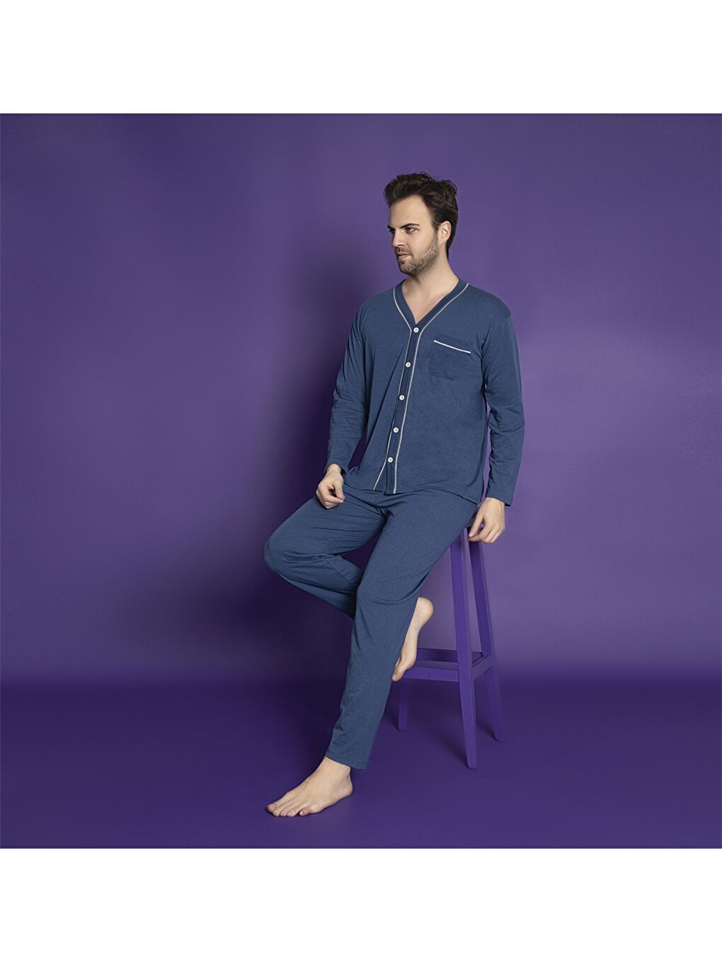 Mavi Standart Kalıp Erkek Pijama Takımı-1