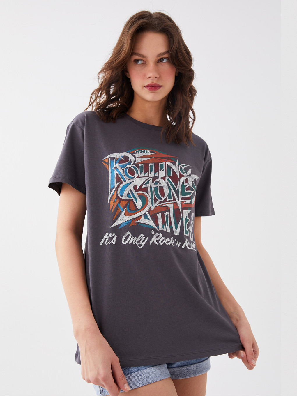 XSIDE Bisiklet Yaka Rolling Stones Baskılı Kadın Tişört - S3HO41Z8