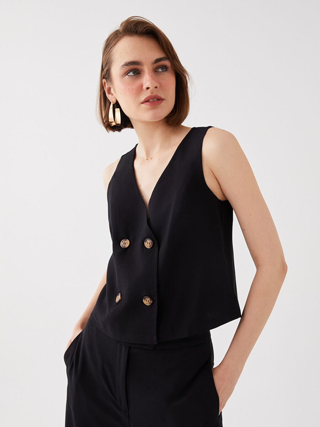 Siyah Kruvaze Yaka Düz Crop Kadın Bluz