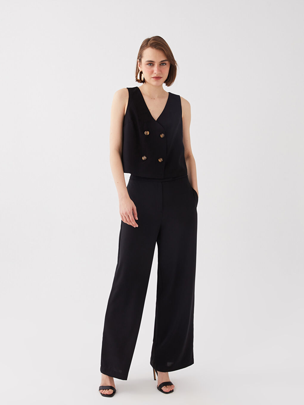 Siyah Kruvaze Yaka Düz Crop Kadın Bluz-2