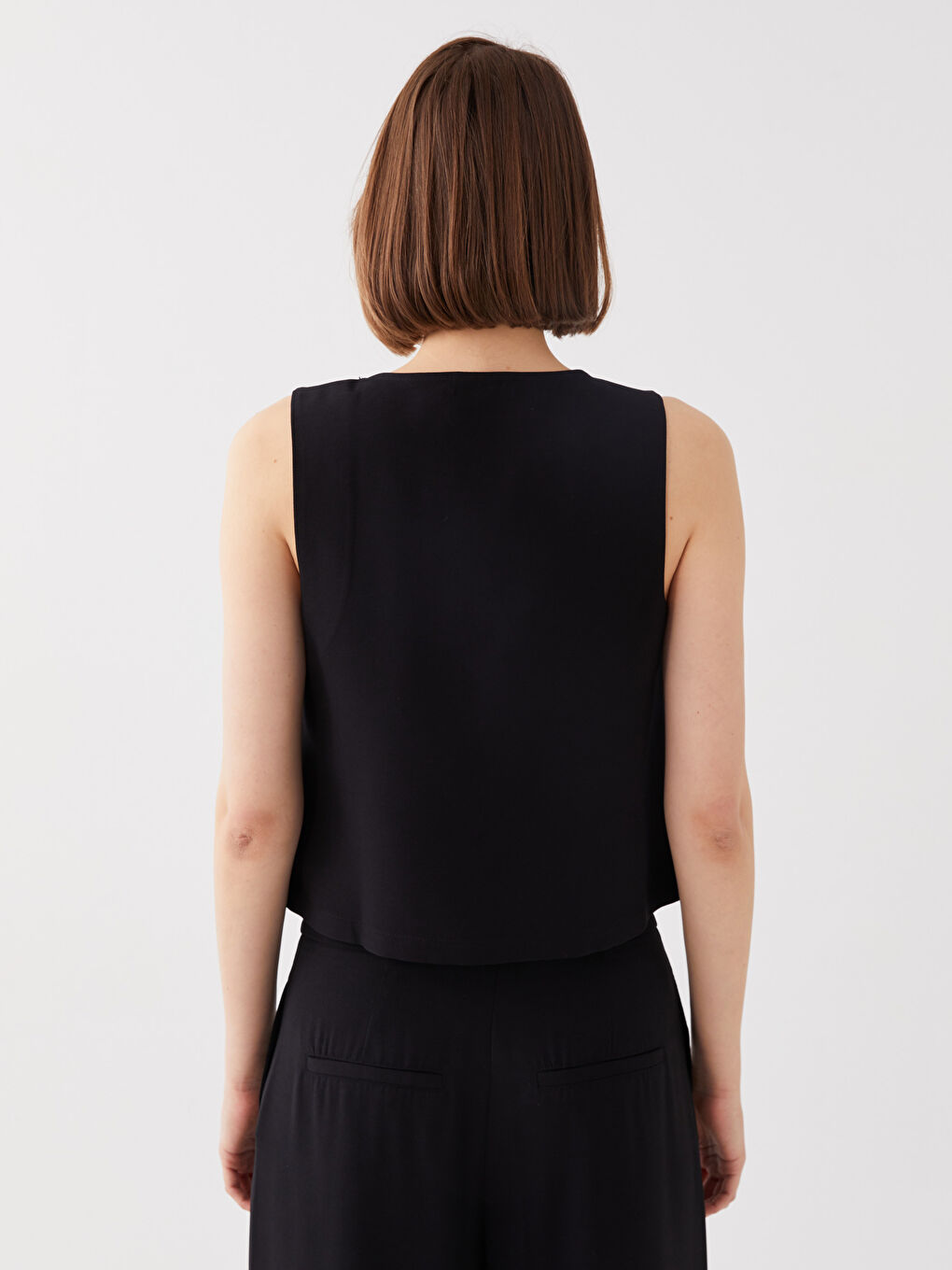 Siyah Kruvaze Yaka Düz Crop Kadın Bluz-4