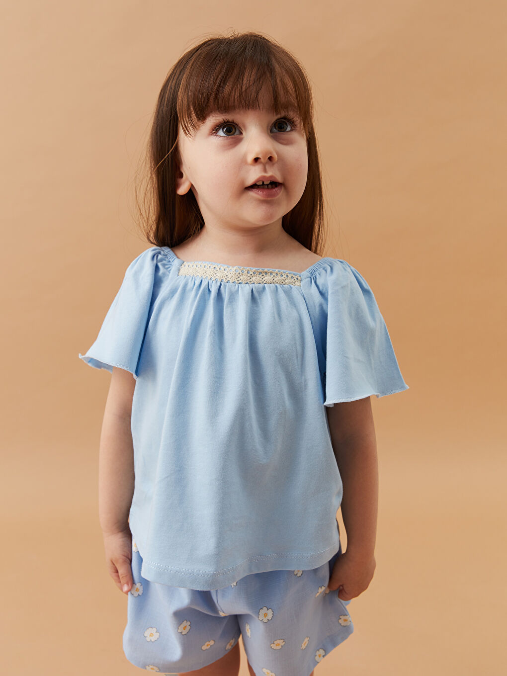 Mavi Kayık Yaka Kız Bebek Bluz ve Şort 2'li Takım-5