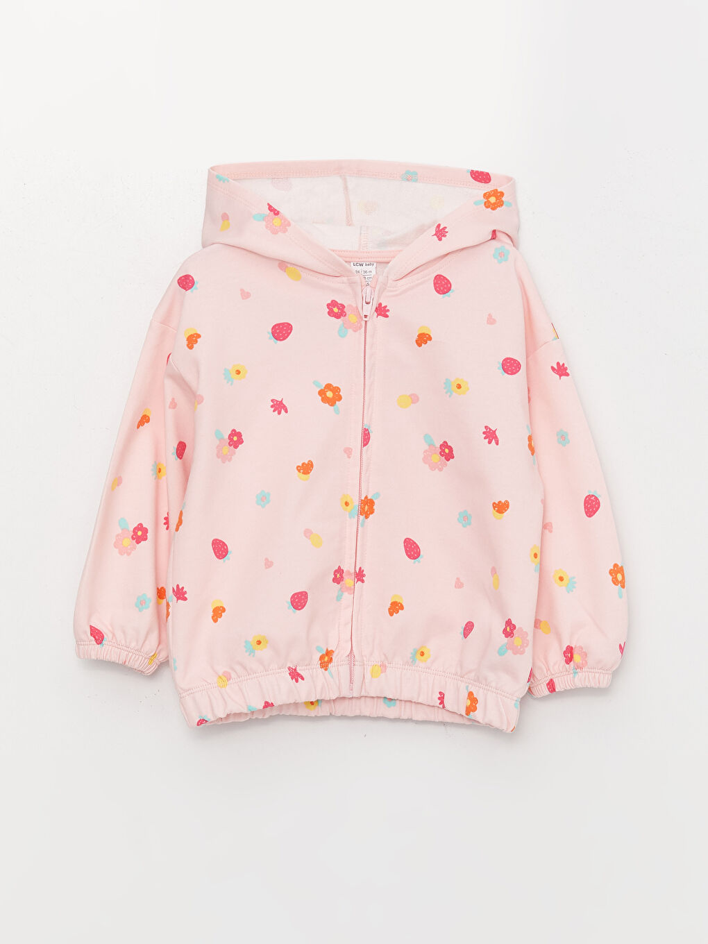 Pembe Kapüşonlu Uzun Kollu Baskılı Kız Bebek Fermuarlı Sweatshirt