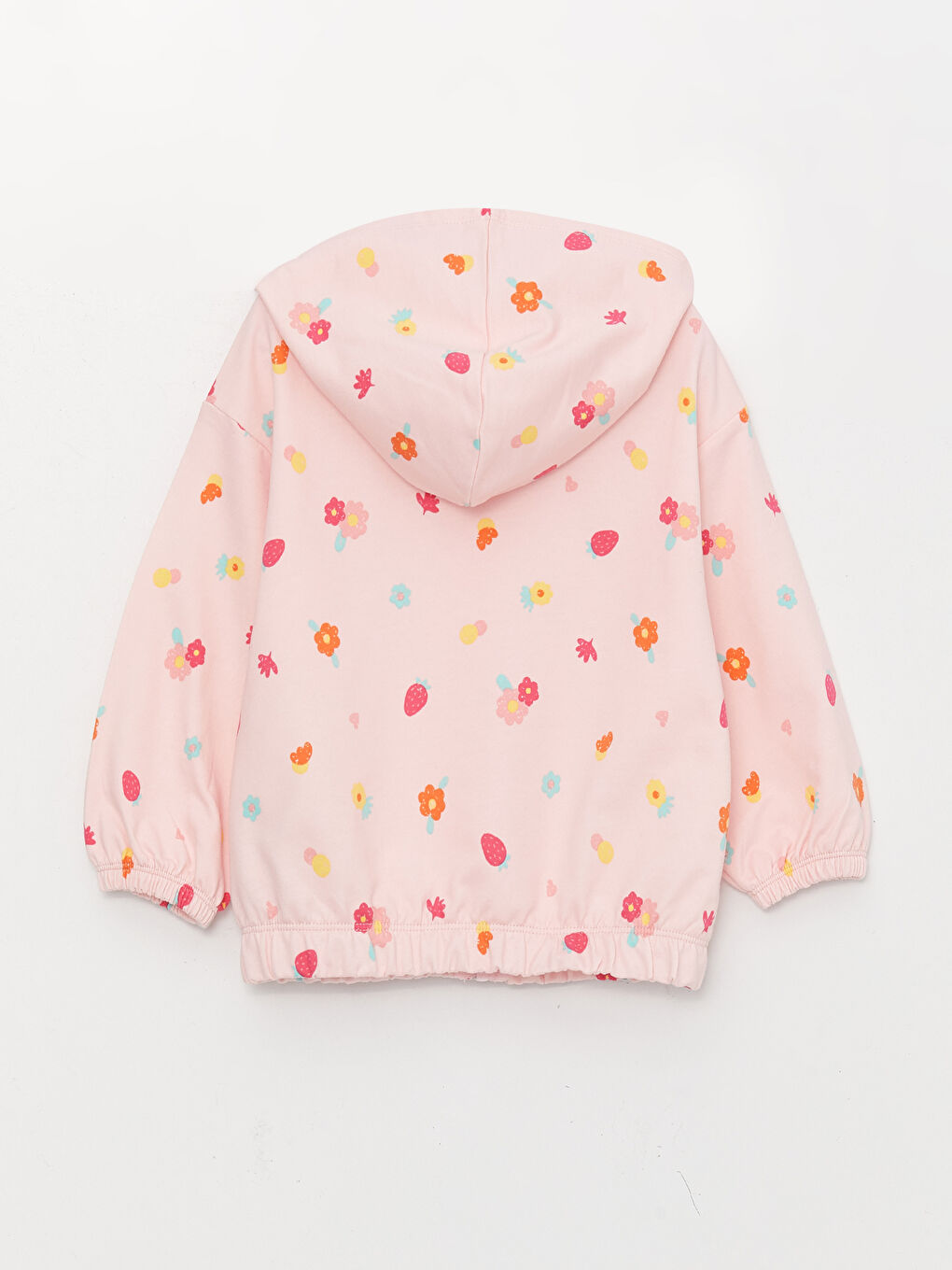 Pembe Kapüşonlu Uzun Kollu Baskılı Kız Bebek Fermuarlı Sweatshirt-1