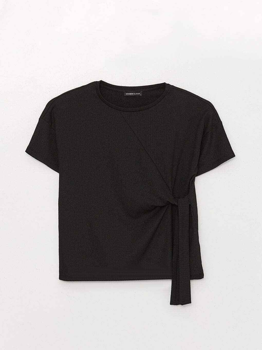 Siyah Bisiklet Yaka Düz Kısa Kollu Kadın Bluz-5