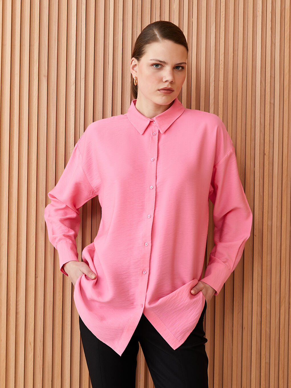 Pembe Düz Uzun Kollu Oversize Kadın Gömlek Tunik