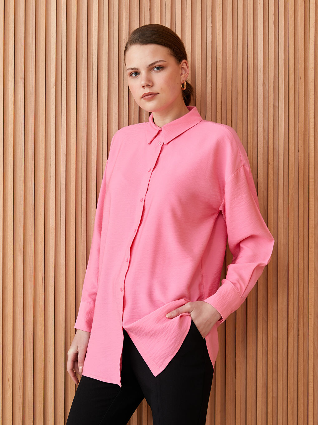 Pembe Düz Uzun Kollu Oversize Kadın Gömlek Tunik-1