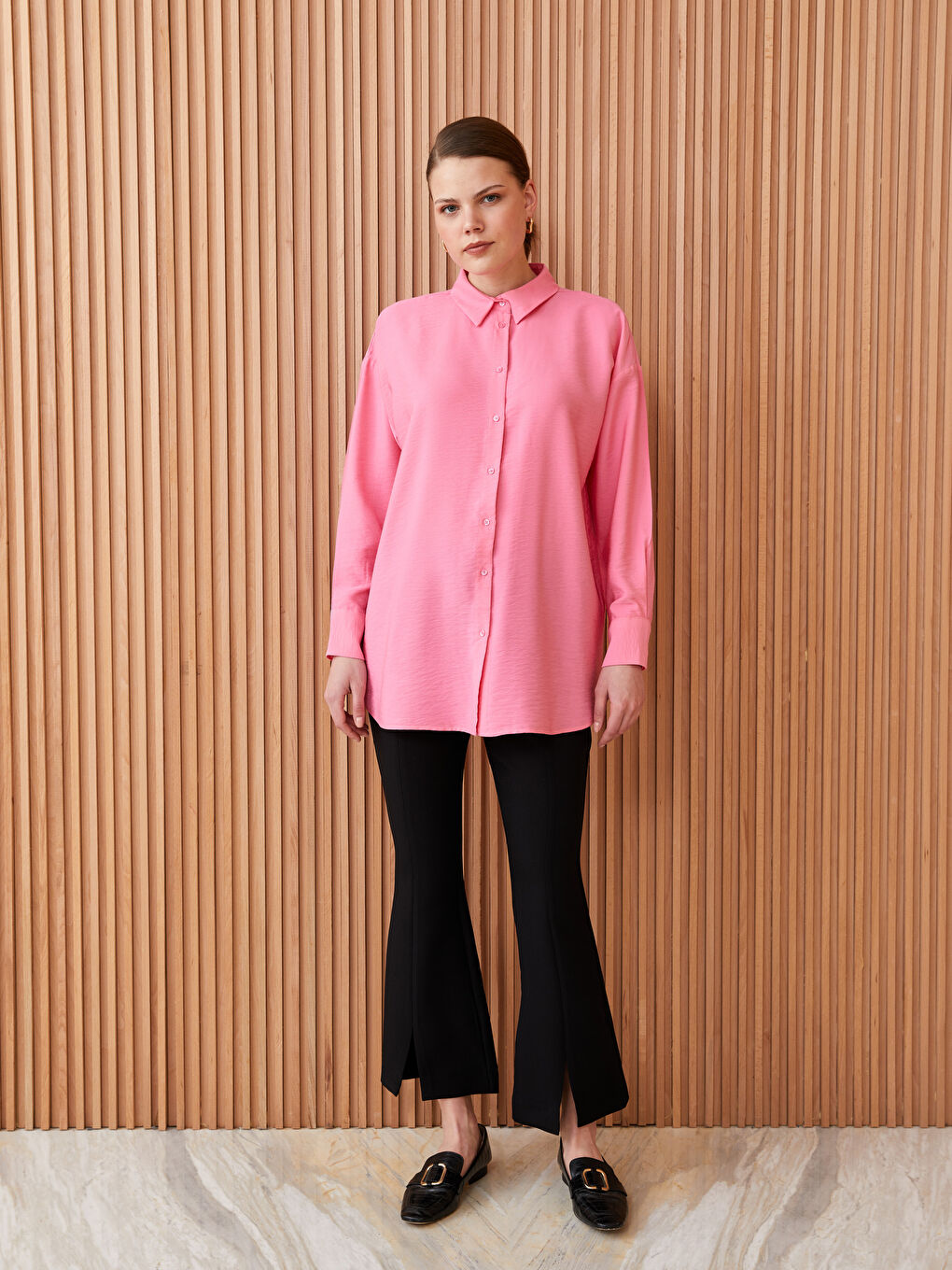 Pembe Düz Uzun Kollu Oversize Kadın Gömlek Tunik-2