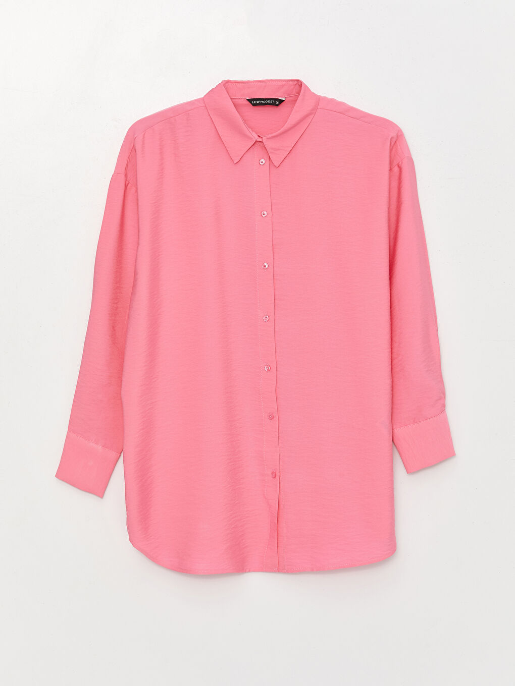 Pembe Düz Uzun Kollu Oversize Kadın Gömlek Tunik-5