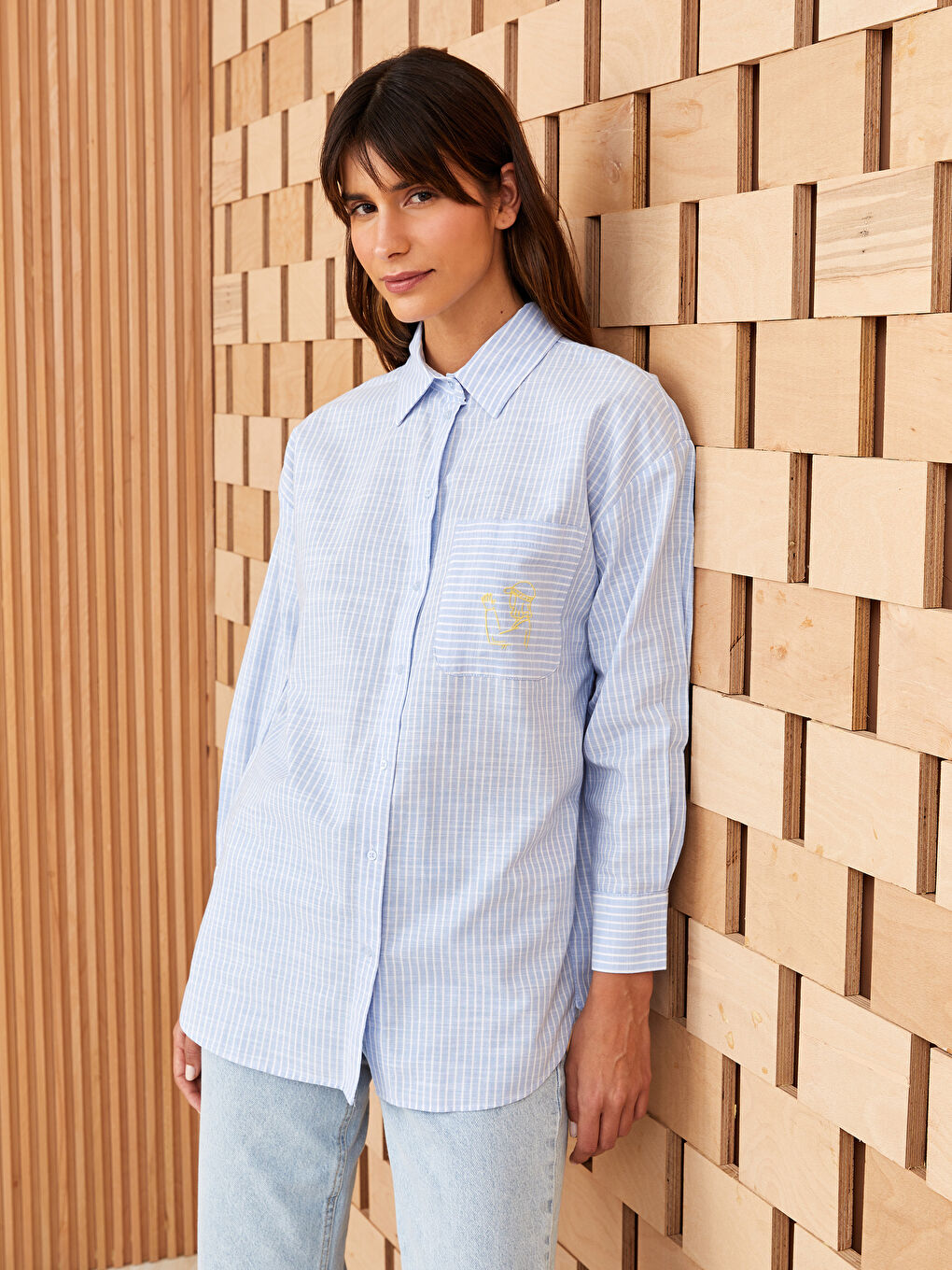 Mavi Çizgili Oversize Poplin Kadın Gömlek