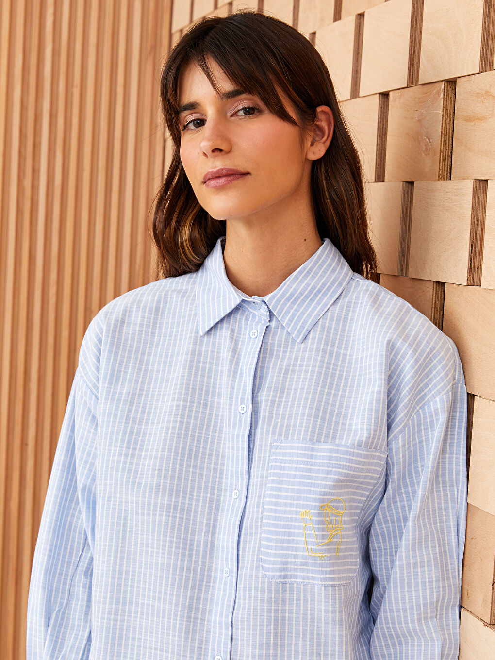 Mavi Çizgili Oversize Poplin Kadın Gömlek-1