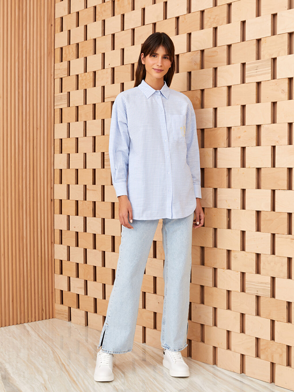 Mavi Çizgili Oversize Poplin Kadın Gömlek-2