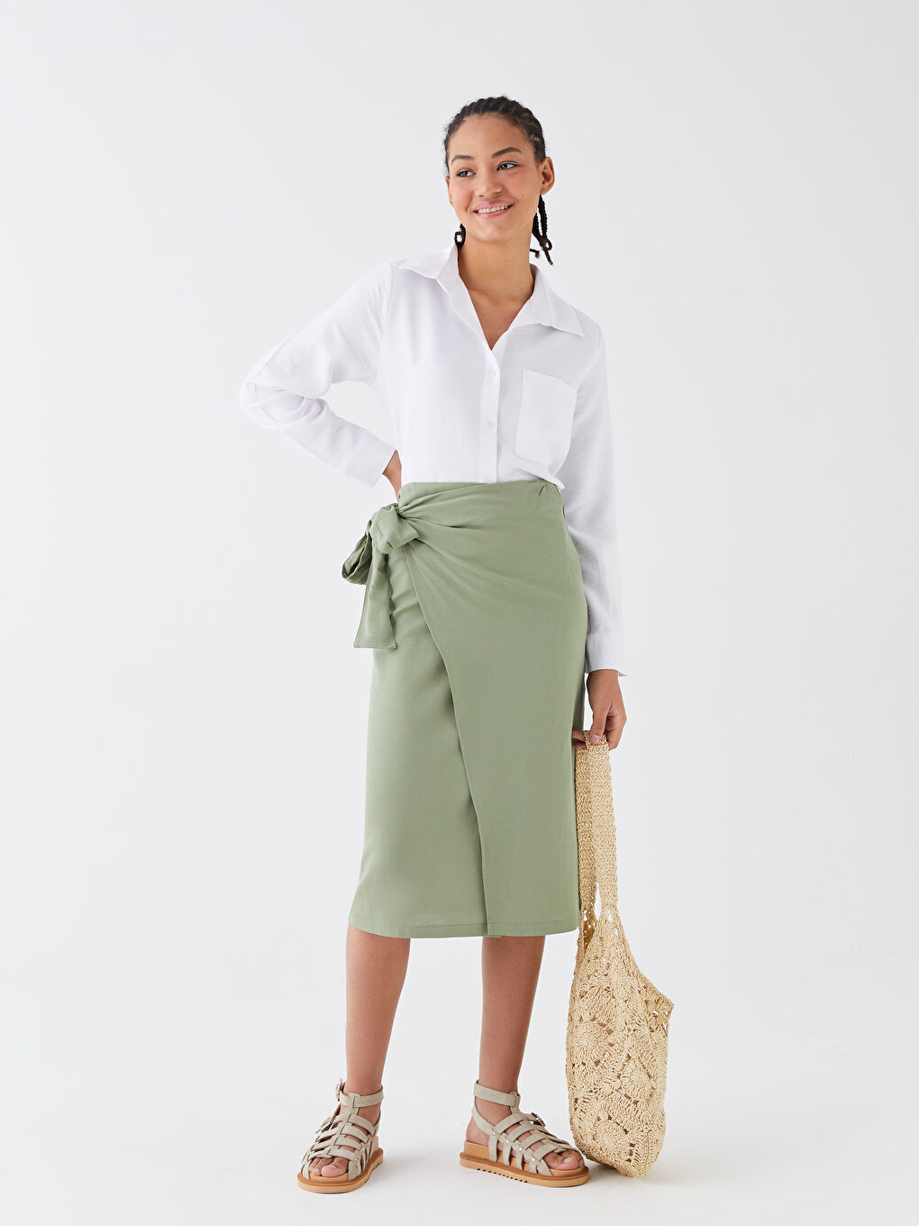 Tie Waist Straight Linen Blend Women's Skirt -S3HP48Z8-VCX