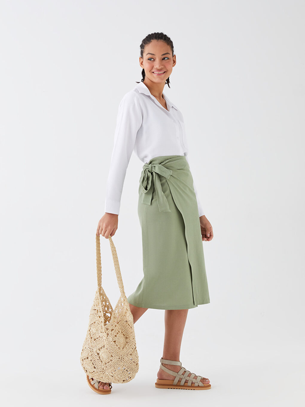 Tie Waist Straight Linen Blend Women's Skirt -S3HP48Z8-VCX