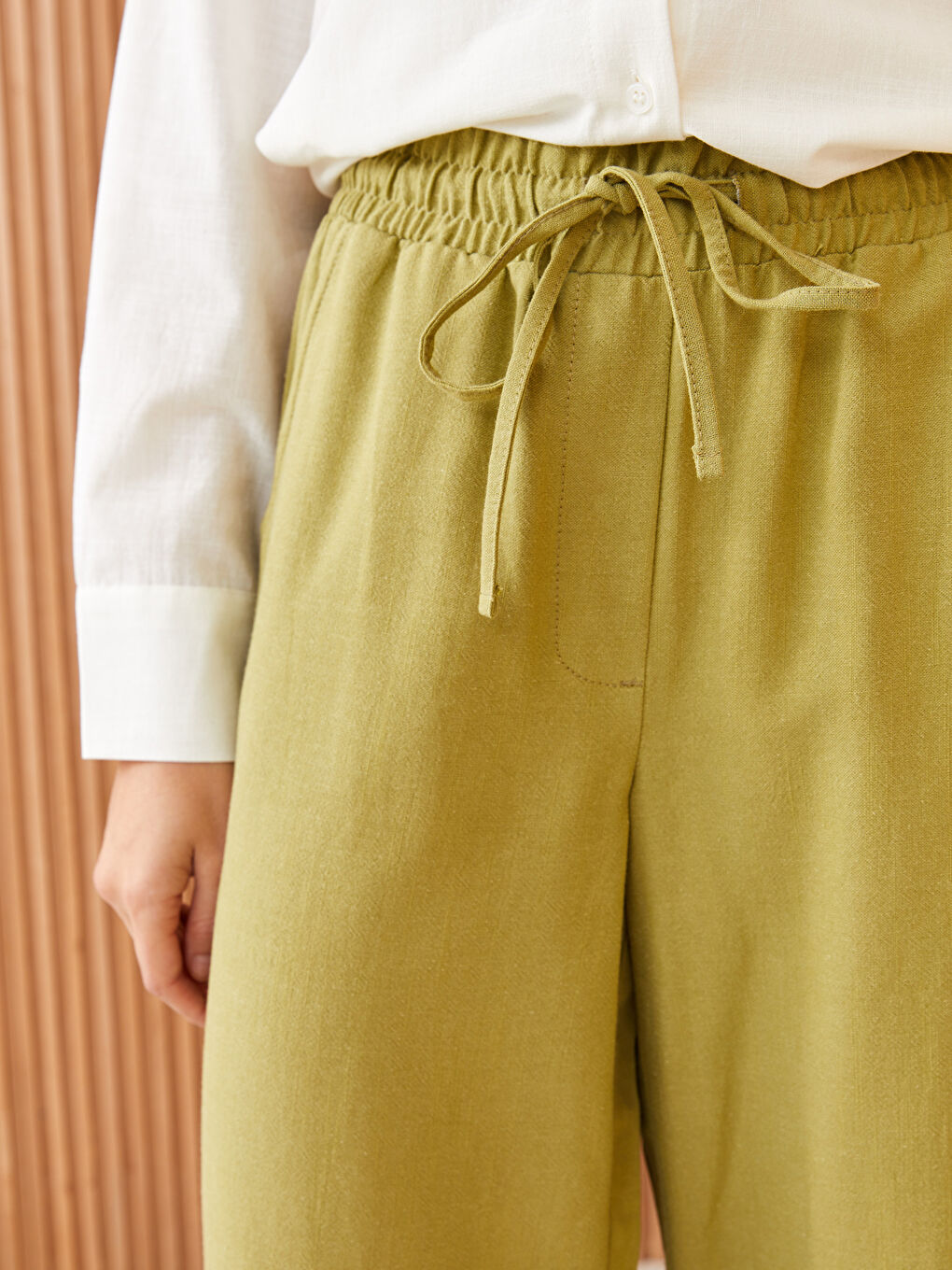 Elastic Waist Relaxed Fit Plain Linen Blend Women's Trousers-2