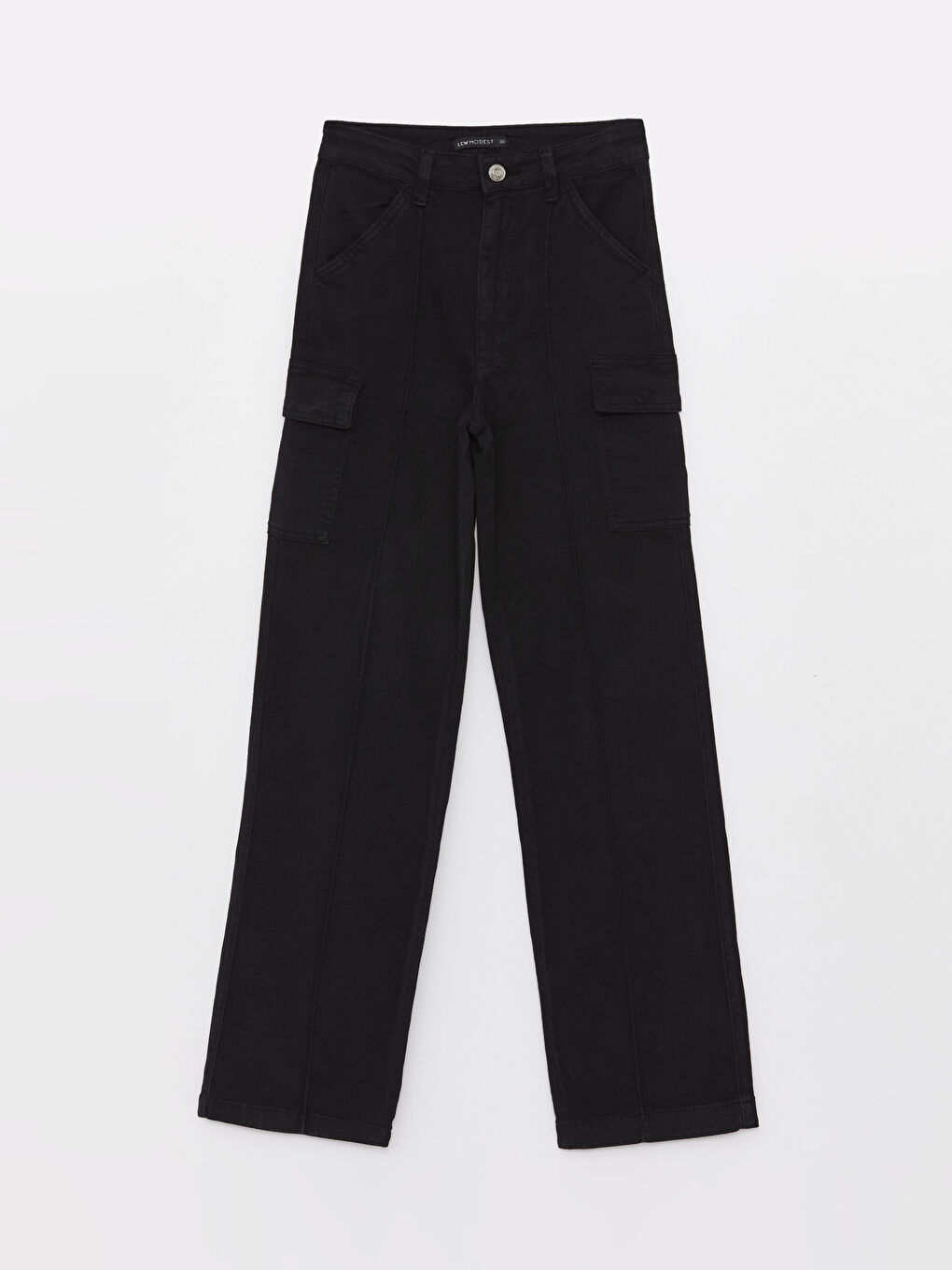 Siyah Rahat Kalıp Düz Geniş Paça Kadın Kargo Pantolon-5