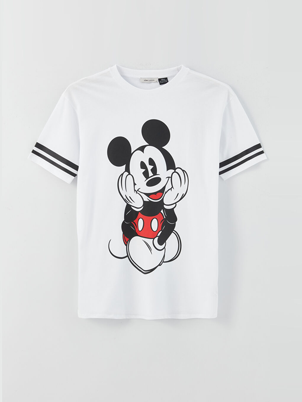 Beyaz Bisiklet Yaka Mickey Mouse Baskılı Kısa Kollu Kadın Tişört-5