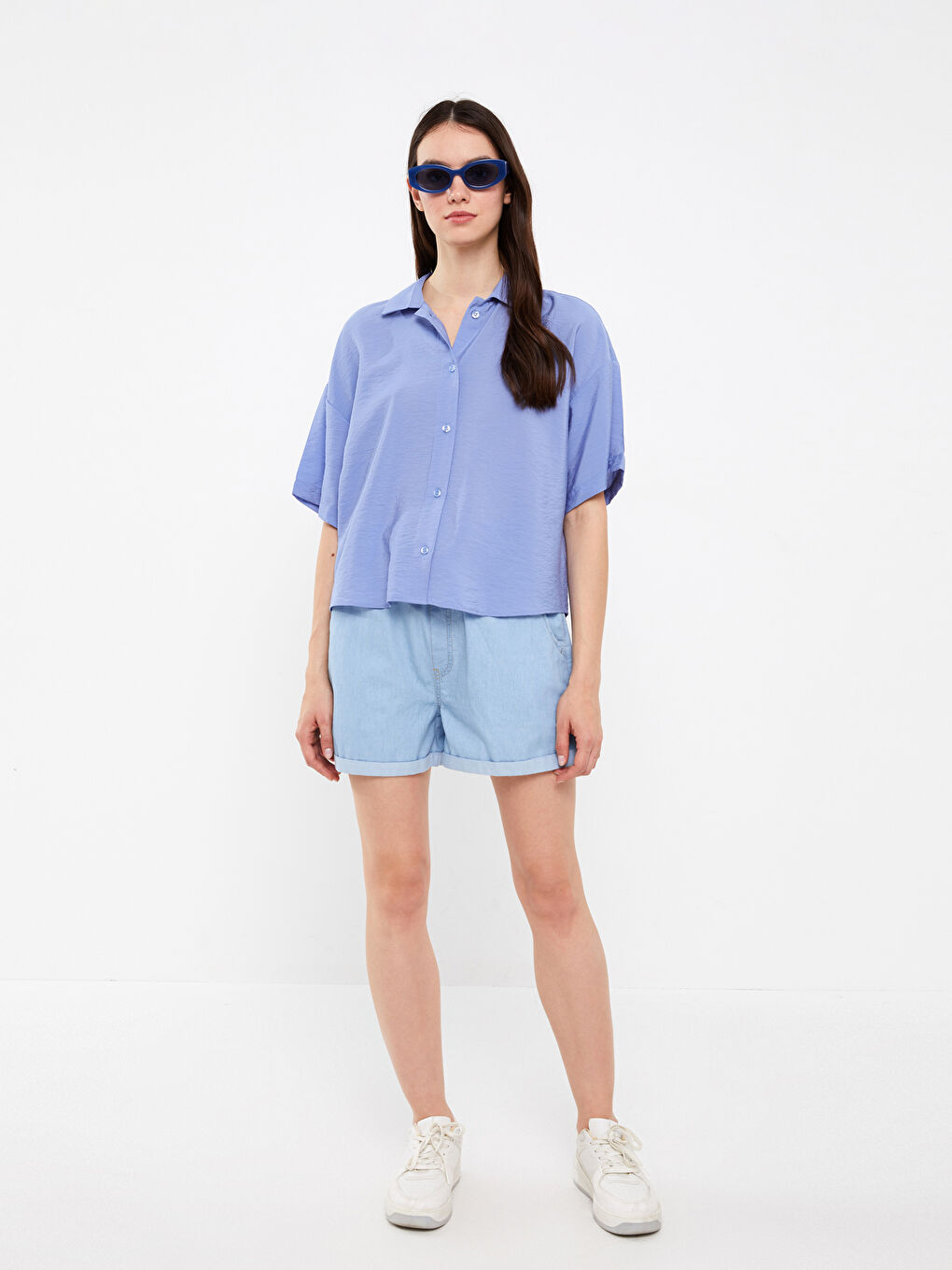 Mavi Düz Kısa Kollu Oversize Poplin Kadın Gömlek-2