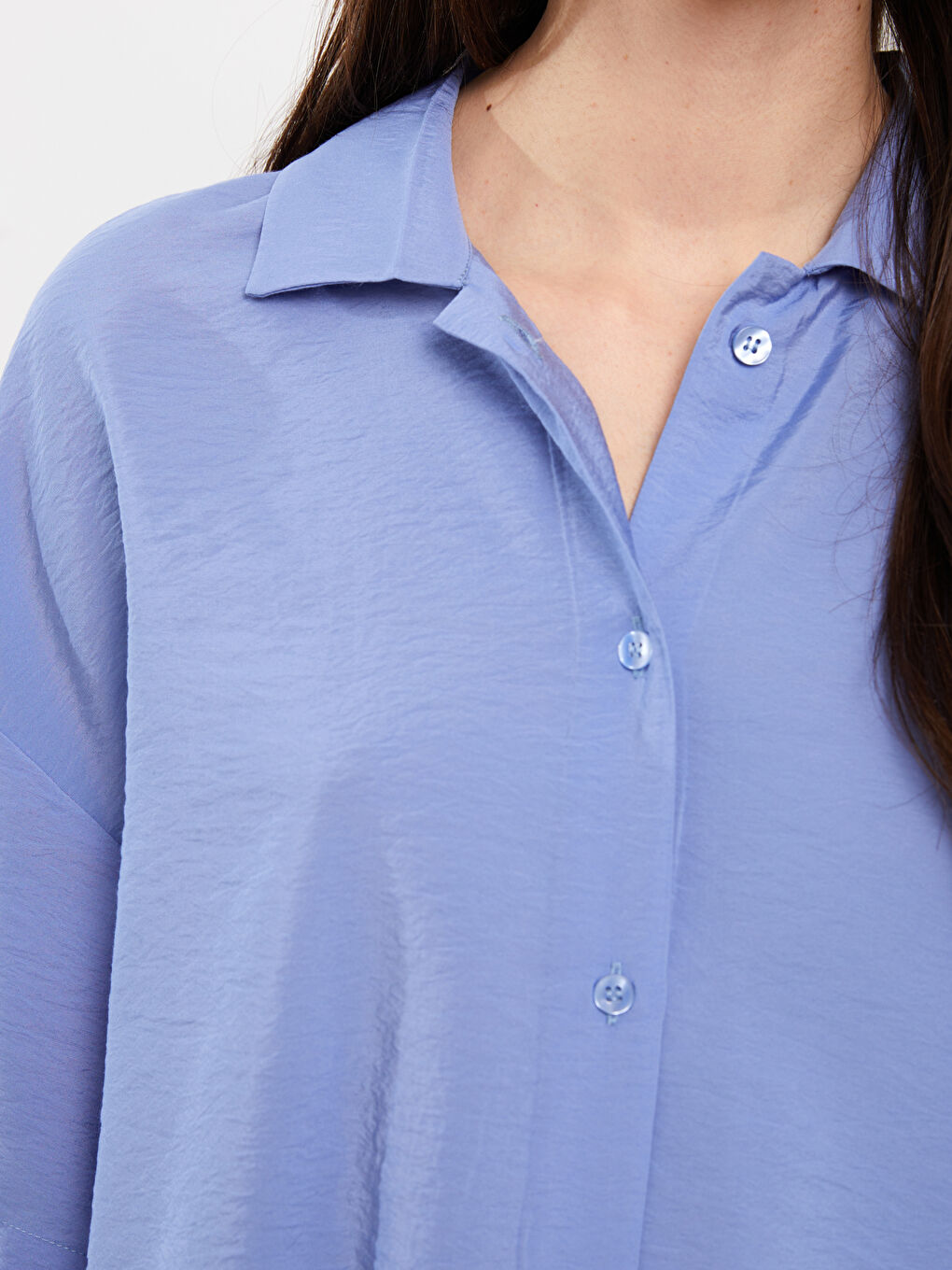 Mavi Düz Kısa Kollu Oversize Poplin Kadın Gömlek-3