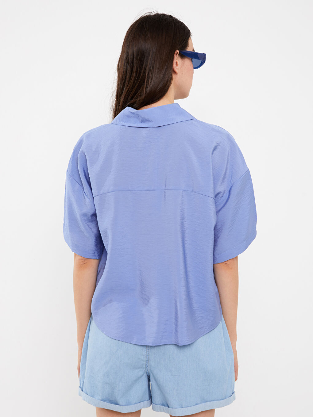 Mavi Düz Kısa Kollu Oversize Poplin Kadın Gömlek-4