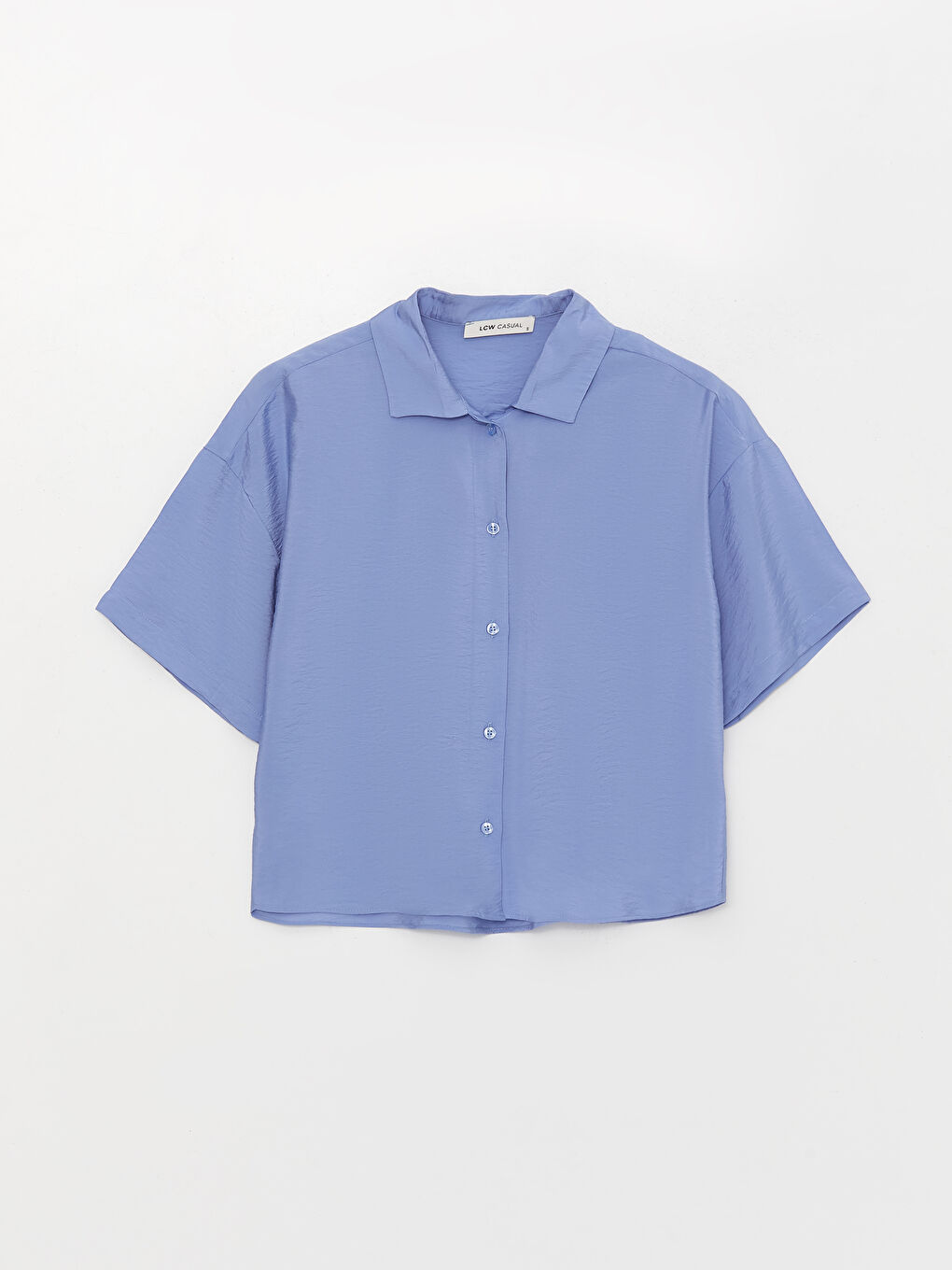 Mavi Düz Kısa Kollu Oversize Poplin Kadın Gömlek-5