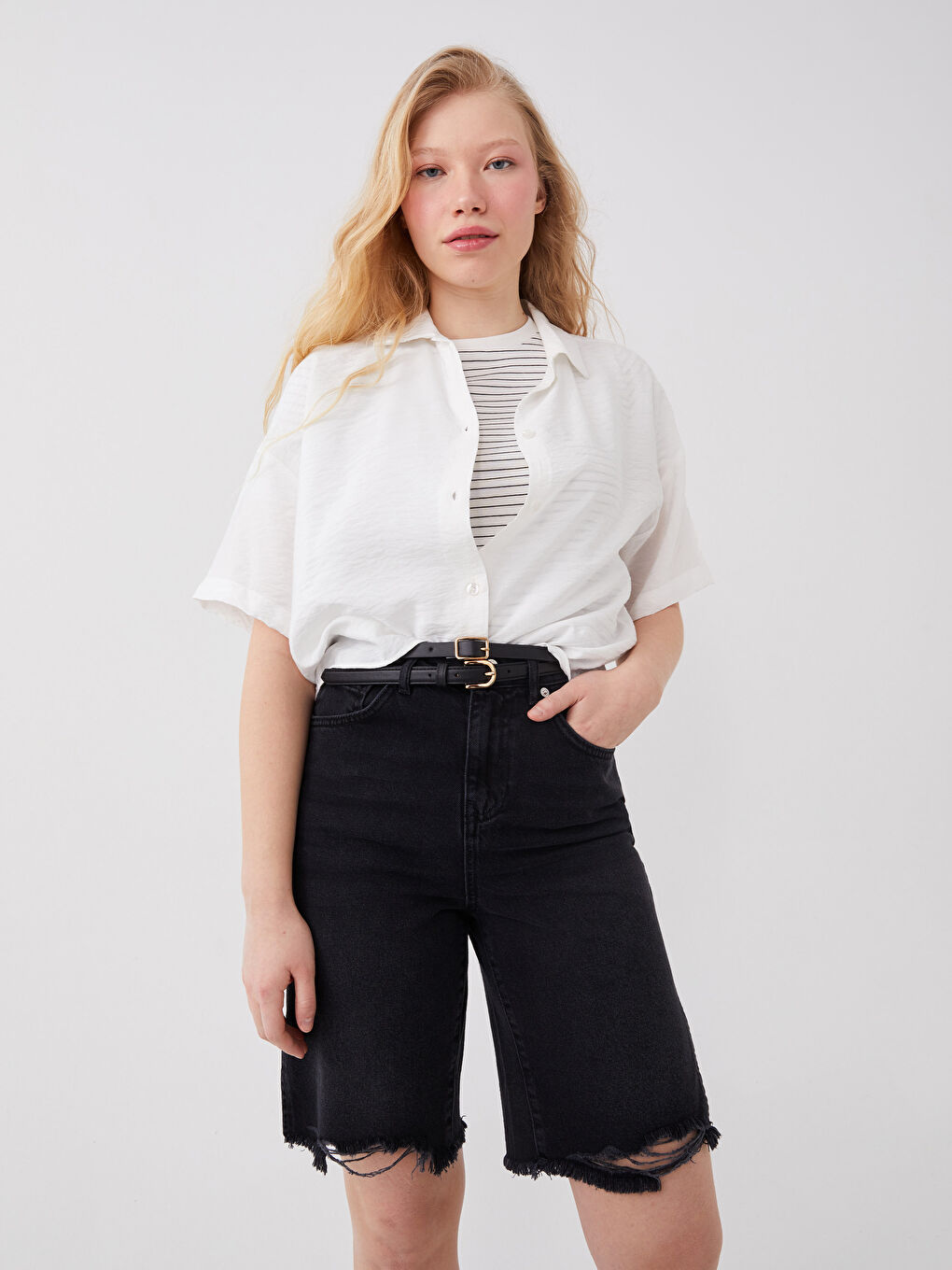 Beyaz Düz Kısa Kollu Oversize Poplin Kadın Gömlek