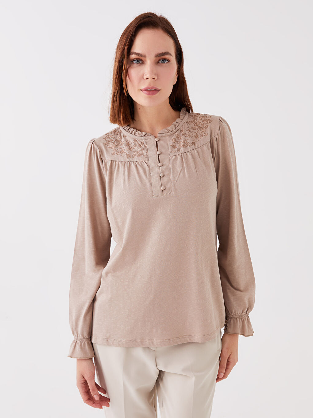 Crew Neck Printed Long Sleeve Women's Blouse-1